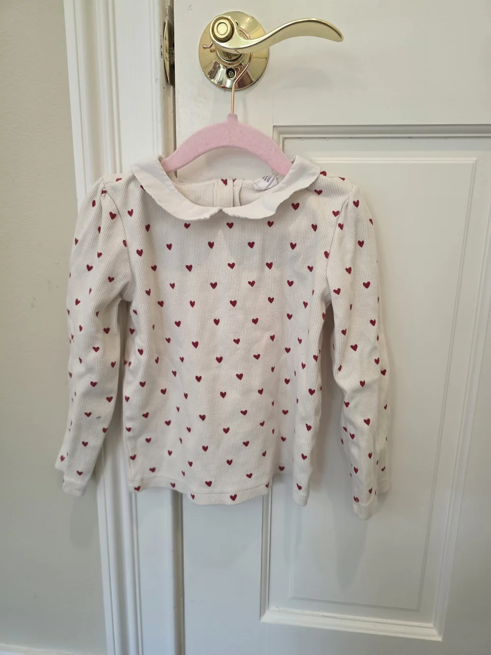 GAP Girls' Cream Long-Sleeve Top with Red Heart Print and Peter Pan Collar Sz 5